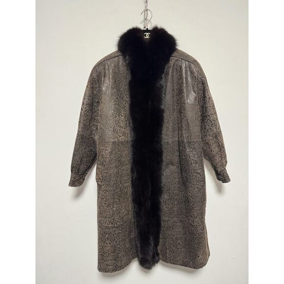 Snake Print Coat Womens Medium Brown Fox Fur Trim Longline Oversized Python - Picture 6 of 16